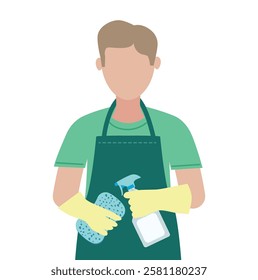 A man holds cleaning equipment. Flat vector simple illustration.