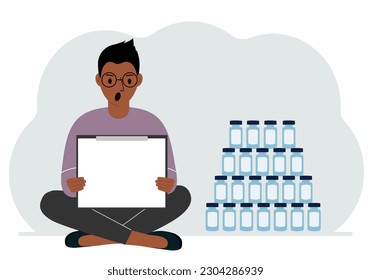 A man holds a clipboard with a blank sheet of paper in his hands. There are many jars of vaccines nearby. Vector flat illustration