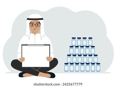 A man holds a clipboard with a blank sheet of paper in his hands. There are many jars of vaccines nearby.