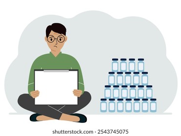 A man holds a clipboard with a blank sheet of paper in his hands. There are many jars of vaccines nearby. Vector flat illustration