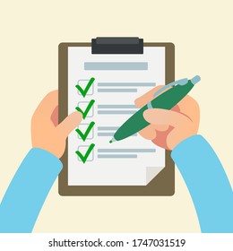 Man holds a clipboard with checklist and green pen. Person put ticks, all done, tasks completed. Questionnaire, voting, fill form concept. Vector illustration, flat cartoon style, isolated background.