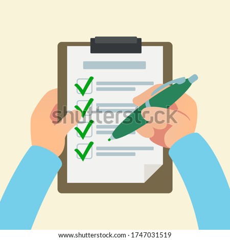 Man holds a clipboard with checklist and green pen. Person put ticks, all done, tasks completed. Questionnaire, voting, fill form concept. Vector illustration, flat cartoon style, isolated background.