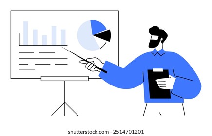 Ein Mann hält eine Zwischenablage und zeigt auf ein Whiteboard, das ein Balkendiagramm und ein Tortendiagramm anzeigt. Ideal für Business, Präsentationen, Analysen, Bildung, Technologie.