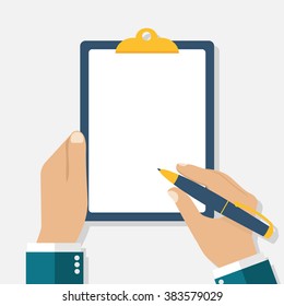 Man holds a clipboard and writes. Empty blank. Pen in hand. A blank sheet of paper to write. Vector illustration, flat design.
