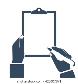 Man holds a clipboard and writes. Empty blank. Pen in hand. Blank sheet of paper to write. Vector illustration, flat design. Template for text. Empty area