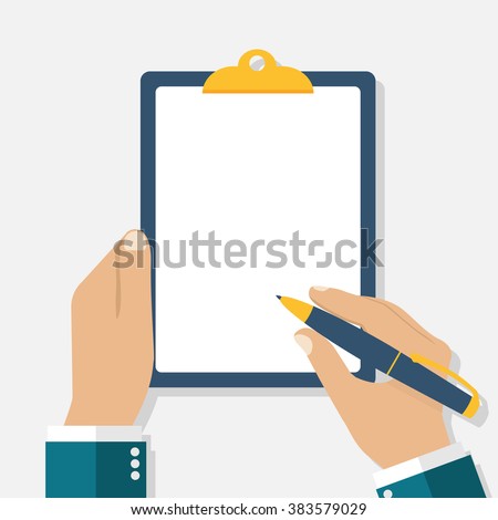 Man holds a clipboard and writes. Empty blank. Pen in hand. A blank sheet of paper to write. Vector illustration, flat design.