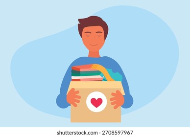 man holds clothes box. Donation concept, social care, volunteering, support for people vector illustration
