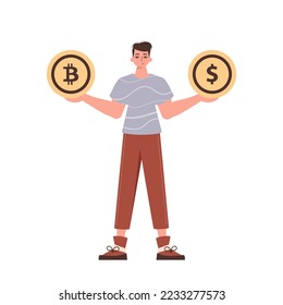 A man holds a coin of bitcoin and dollar in his hands. Character with a modern style.