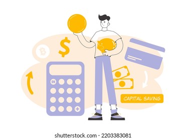 A man holds a coin and a piggy bank in his hands. The theme of saving money. Linear modern style.