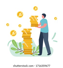 man holds coins. Savings and investing money. Finance, Investment. man take Money. for Jar Making Saving, Deposit Web Page Banner. Cartoon Flat Vector Illustration.