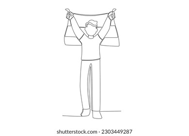 A man holds up a Colombian flag behind him. Independencia de Colombia one-line drawing