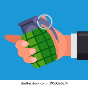 Man Holds A Combat Grenade In His Hand. Threatens To Blow Himself Up. Flat Vector Illustration.