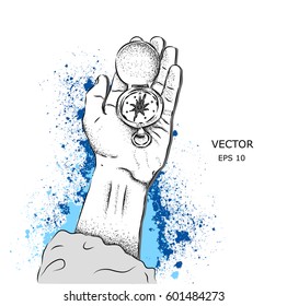 A man holds a compass in his hand. A compass indicating the direction. Vector illustration