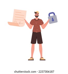 A man holds a contract or document in his hands. Smart contract concept. Data protection. Trend style character.