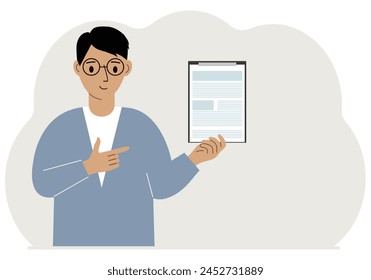 Ein Mann hält einen Vertrag oder ein Dokument in der Hand. Vektorgrafik