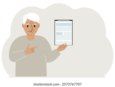 A man holds a contract or document in his hand. Vector