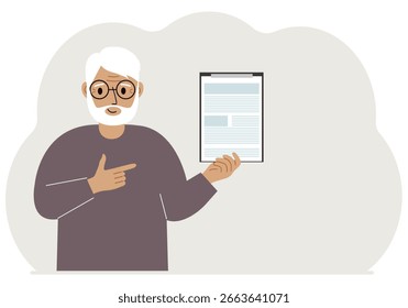 Un hombre tiene un contrato o documento en la mano. Abogado. Ilustración plana de Vector
