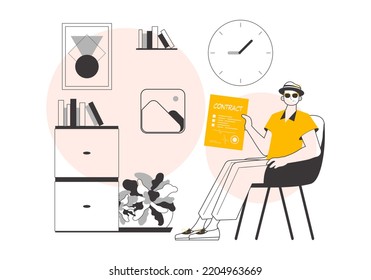 Ein Mann hat einen Vertrag in den Händen. Linienkunst minimalistischer Stil. Vektorgrafik.