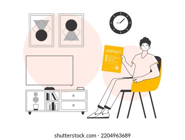 A man holds a contract in his hands. Linear trendy style. Vector illustration.
