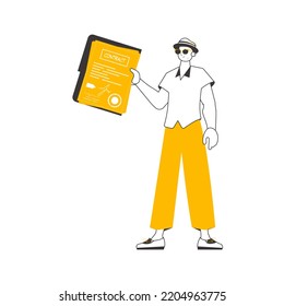 Un hombre tiene un contrato en sus manos. Estilo lineal minimalista. Aislado. Ilustración vectorial.