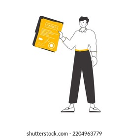 A man holds a contract in his hands. Minimalistic linear style. Isolated. Vector illustration.