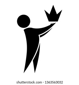 The man holds the crown in his hands the icon. Premium quality symbol. Business success and leadership concept. Tample logotype.