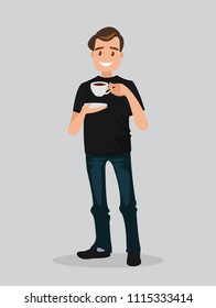 A man holds a cup of coffee.
