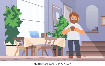 Man holds cup in his hands at window. Guy drinking coffee at home Vector illustration