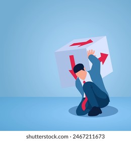 Un hombre sostiene dados que contienen flechas en varias direcciones, una ilustración de incertidumbre.