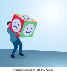 A man holds up dice in the form of satisfied and angry faces. Illustration for feedback, customer reviews, client satisfaction.