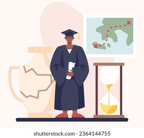 Man holds diploma, completes geography course. Happy graduation concept. Getting diploma, finishing study in university. Flat vector illustration in cartoon style