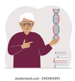 A man holds a DNA model in his hand and there are many books nearby.