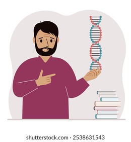 A man holds a DNA model in his hand and there are many books nearby. Vector flat illustration