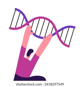 Man holds DNA spirals. Manipulation of Genes. Genetic Engineering. Experiment with DNA. Flat vector illustration. 