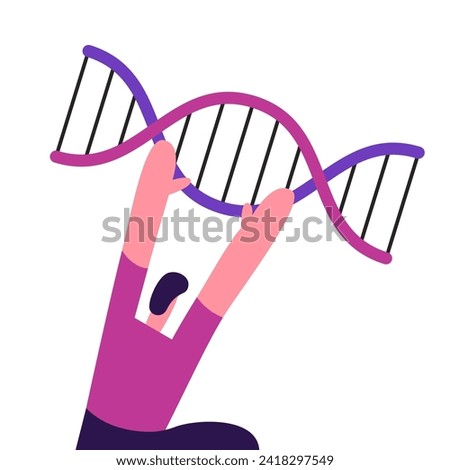 Man holds DNA spirals. Manipulation of Genes. Genetic Engineering. Experiment with DNA. Flat vector illustration. 