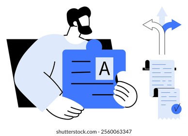 A man holds a document while considering multiple paths. There are arrows indicating choices and a checklist with a check mark. Ideal for decision making, leadership, business strategy, project