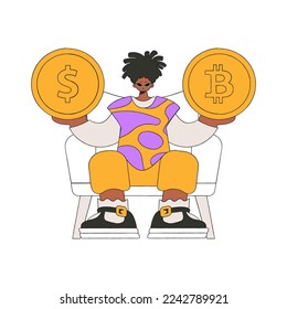 A man holds a dollar and bitcoin coin in his hands. Rentro style character.