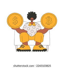 A man holds a dollar and bitcoin coin in his hands. Character trendy style.