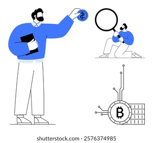 A man holds a dollar coin in one hand and a book in another. Another figure with a magnifying glass analyzes a digital bitcoin with electronic circuits. Ideal for finance, cryptocurrency, investment