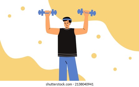 A man holds dumbbells in his hands. A man does sports. Exercises for the hands