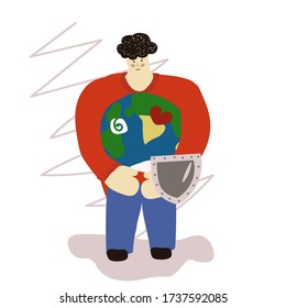 man holds earth in his hands. environment day. Save the planet. Environmental Protection. Vector illustration in hand drawn style.