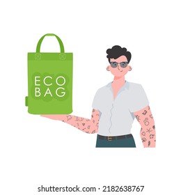 A man holds an ECO BAG in his hands. Concept of green world and ecology. Isolated. Fashion trend illustration in Vector.