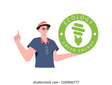 A man holds the ECO logo in his hands. The character is depicted to the waist. The concept of ecology and green energy. Isolated on white background. Fashionable, trendy style. Vector.
