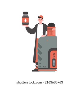 A man holds an electronic cigarette in his hands. Flat style. The concept of vapor and vape. Isolated. Vector illustration