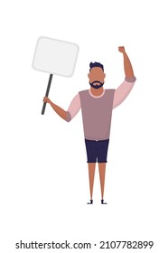 A man holds an empty banner in his hands. With space for your text. Rally or protest concept. Cartoon style, vector illustration.