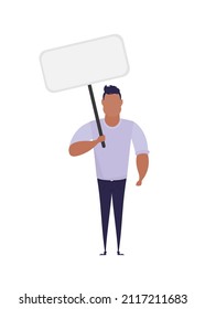 A man holds an empty banner in his hands. With space for your text. Rally or protest concept. Cartoon style, vector illustration.