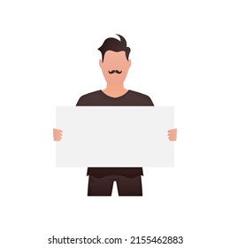 Un hombre sostiene un cartel vacío en sus manos. Aislado. Estilo de caricatura. Ilustración del vector