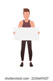 A man holds an empty banner in his hands. Isolated. Cartoon style. Vector illustration