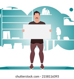 A man holds an empty banner in his hands. Place for your advertisement. Cartoon style. Vector illustration