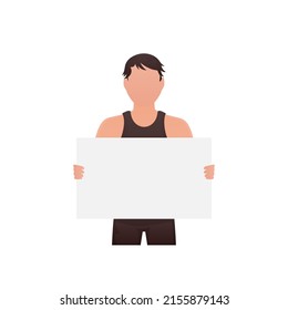 Un hombre tiene un espacio vacío para la publicidad en sus manos. Aislado. Estilo de caricatura. Ilustración del vector